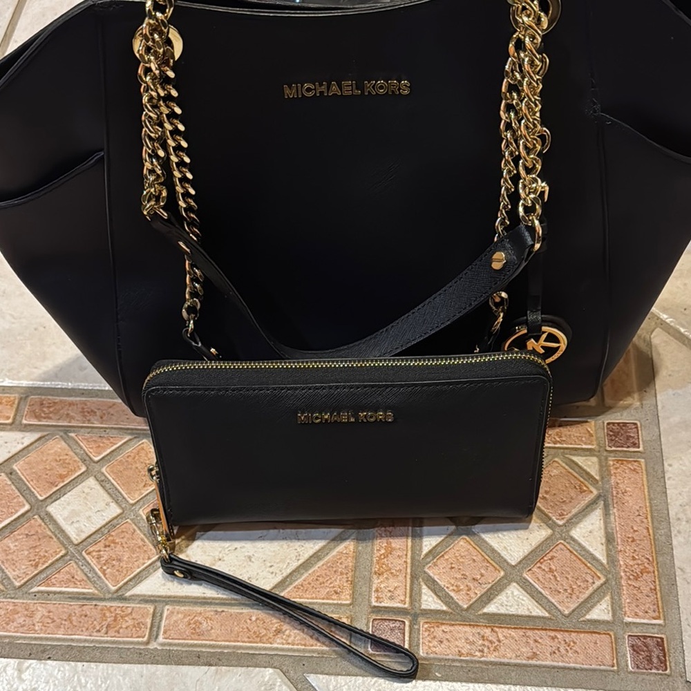 Michael Kors Black and Gold Shoulder Bag with Wallet